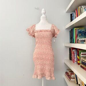 The Impeccable Pig Smocked Floral Mini Dress Blush Pink Small